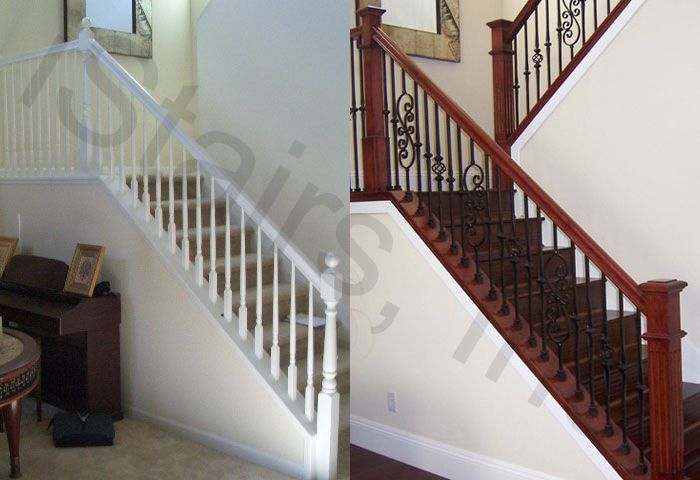 Before & After - Cherry Staircase with Iron Balusters and Paint Grade Before-All paint grade turned / After-Cherry w/iron balusters & paint grade skirt square