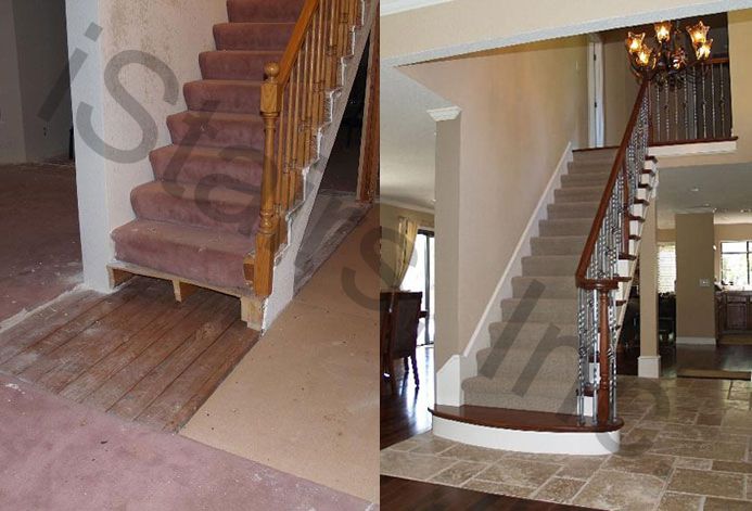 Cherry Paint Grade Staircase with Iron Balusters Turned Before-All oak turned / After-Cherry w/paint grade skirt board, risers & iron balusters turned