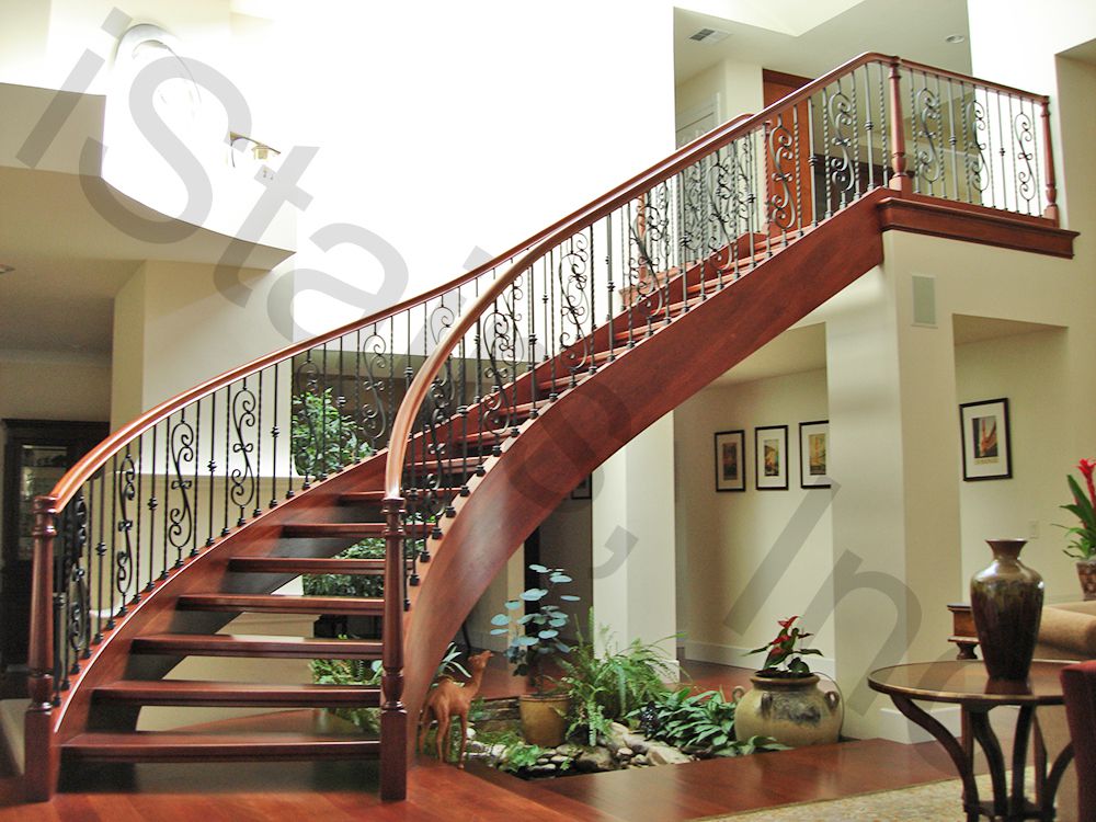 Riser-Less, Free-Standing Cherry Staircase with Black Wrought Iron Balusters
Cherry riser-less free-standing staircase w/black wrought iron balusters & turned posts