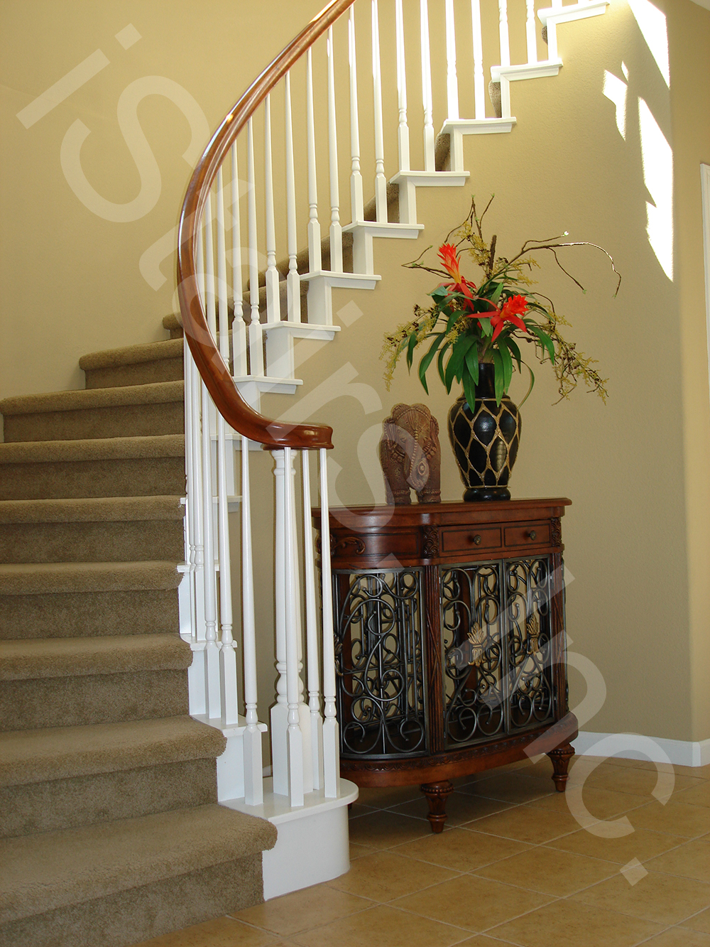 Cherry Railings, Paint Grade Staircase Turned Paint grade w/cherry rail turned over-the-post