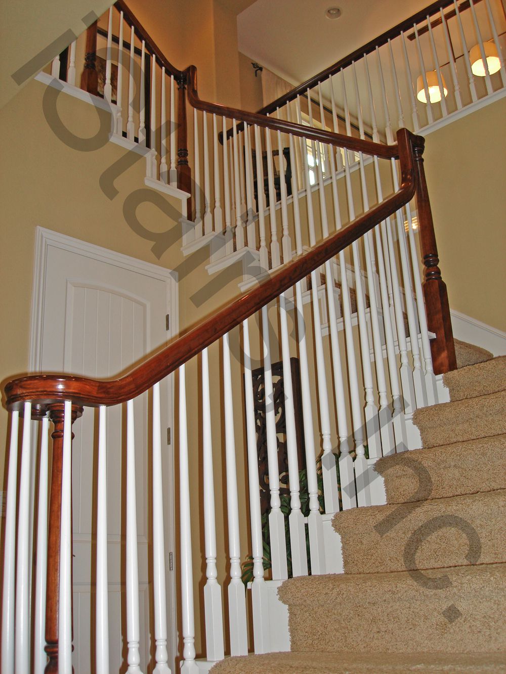 Turned Over-the-Post, Paint Grade with Cherry Rails Staircase Paint grade w/cherry rail & posts turned over-the-post